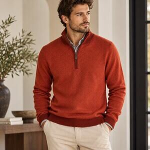 KINROSS CASHMERE Plaited Pique Quarter Zip Sweater Dark Orange Sz M $495 {BB43}